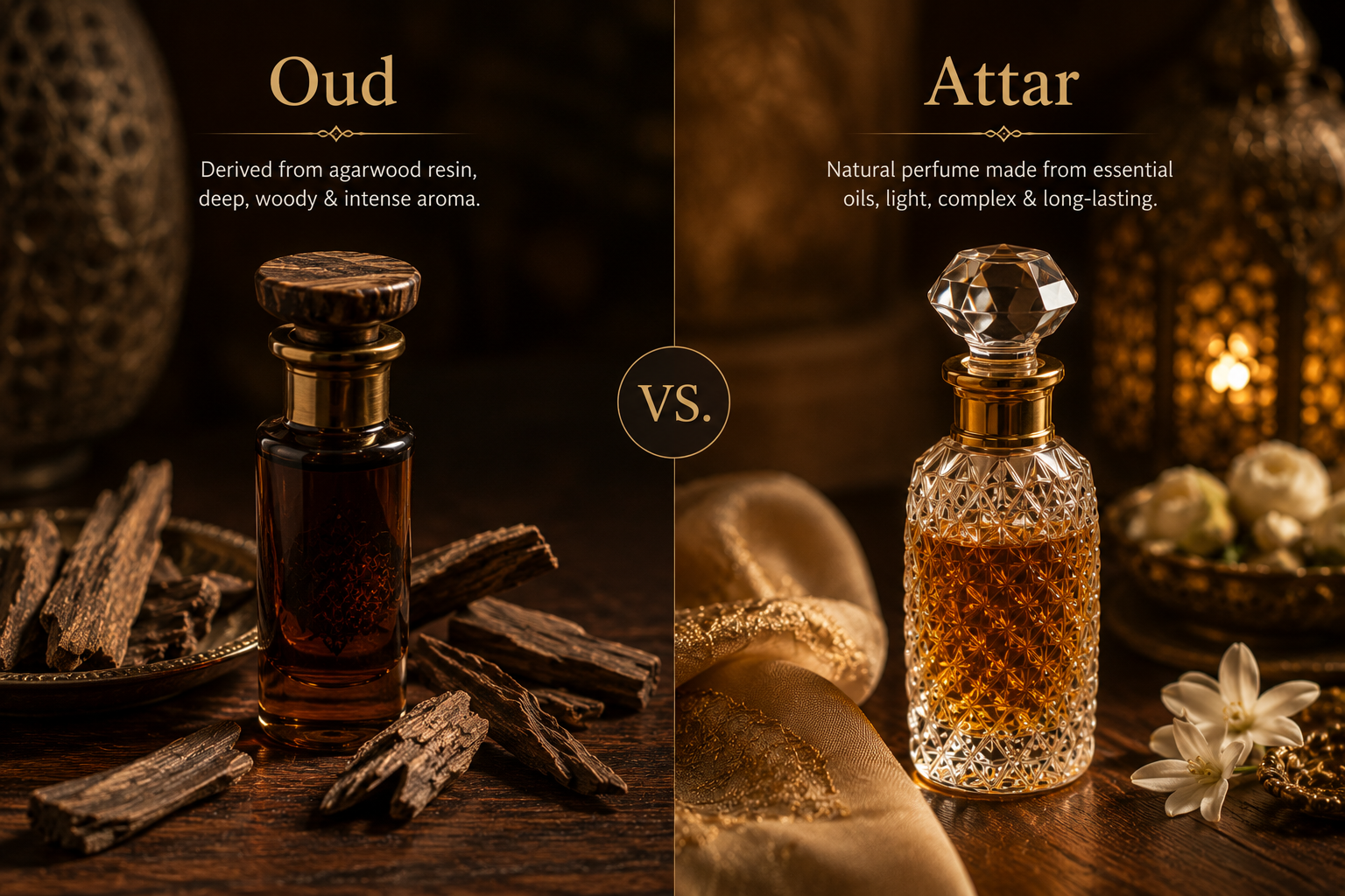 Difference Between Oud and Attar โ Which Should You Buy? | Attar Makki Pakistan Oud resin and attar bottles side by side showing the difference between oud and attar โ Attar Makki Karachi